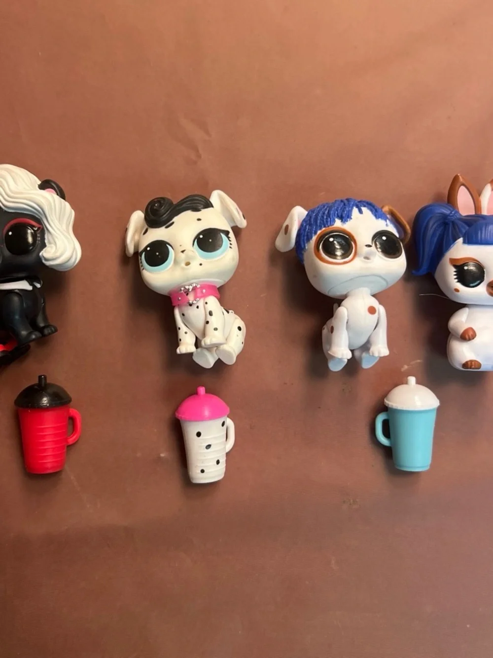 Littlest Pet Shop White and Blue Spotty Puppy Figures with Pink and Red Cups